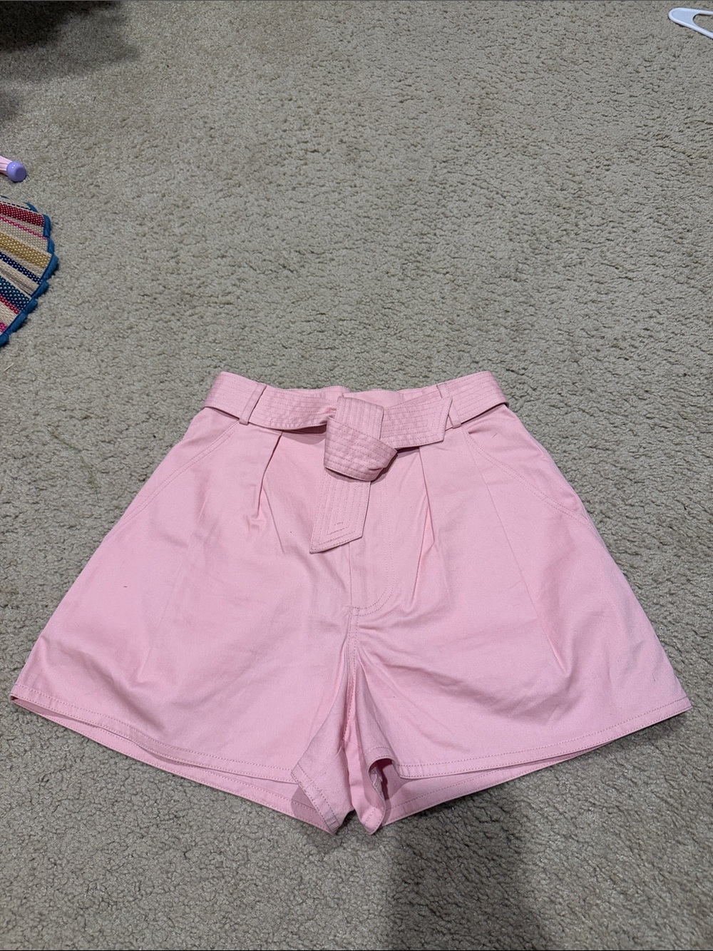 HUNTER BELL Light Pink High-Waist Paperbag Shorts with Belt